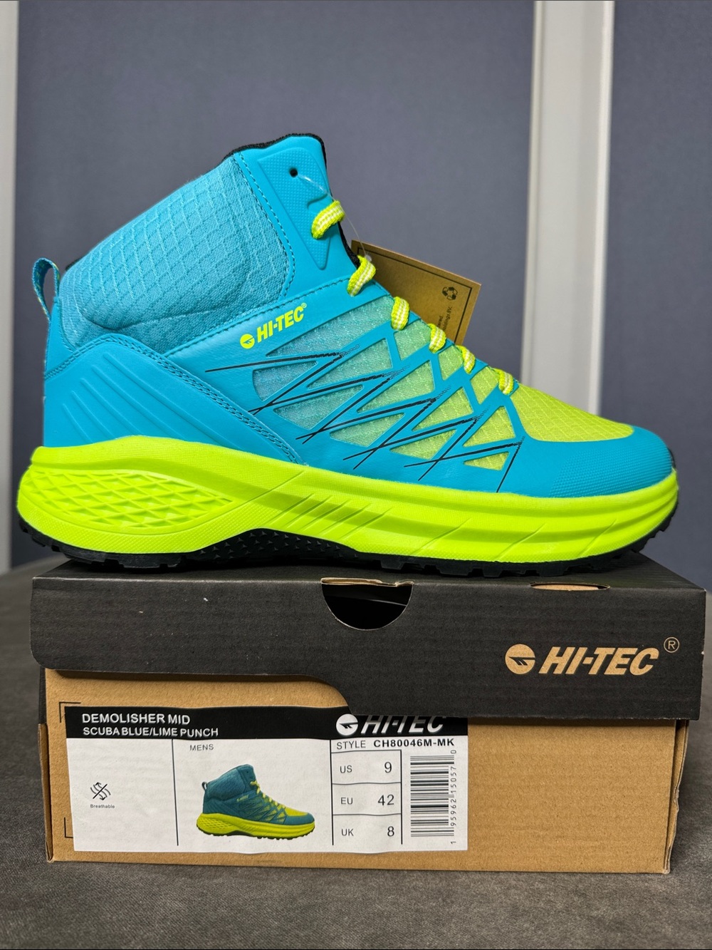 Men’s Hi-Tec Demolisher Scuba Blue Lime Punch Mid-Top Trail Shoe Boot Size 9 NEW